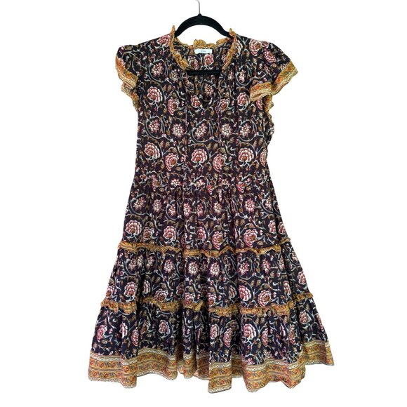 Anthropologie Almeria Ruffled Mini Dress By Othilia Cotton Black/Floral Print - Picture 4 of 13